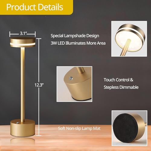 GITGRNTH Small Gold Round Table Lamp, 3 Colour Changing White, Warm, natural white, 1800 mAh Battery Rechargeable Modern Decorative Desk Lamp,Touch Soft Warm Light for Home Decor, Bedroom, Living Room - Image 2