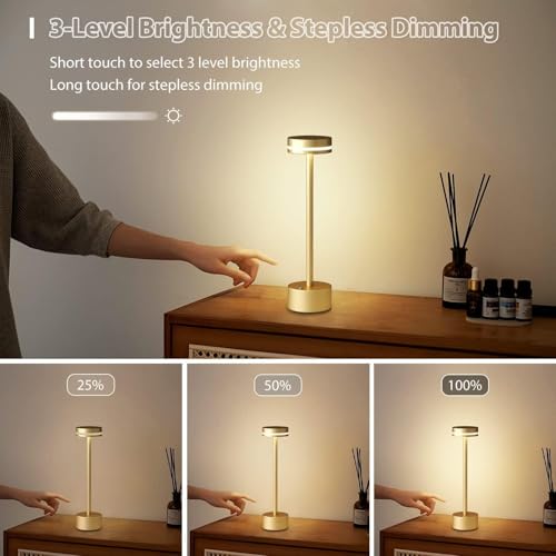 GITGRNTH Small Gold Round Table Lamp, 3 Colour Changing White, Warm, natural white, 1800 mAh Battery Rechargeable Modern Decorative Desk Lamp,Touch Soft Warm Light for Home Decor, Bedroom, Living Room - Image 4