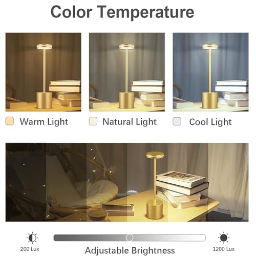 GITGRNTH Small Gold Round Table Lamp, 3 Colour Changing White, Warm, natural white, 1800 mAh Battery Rechargeable Modern Decorative Desk Lamp,Touch Soft Warm Light for Home Decor, Bedroom, Living Room - Image 5