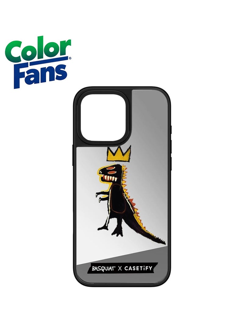 كولور فانس جراب مرآة فني مزين برسومات الديناصور لهاتف iPhone 14 Pro Max - فضي عاكس مع أسود جريء