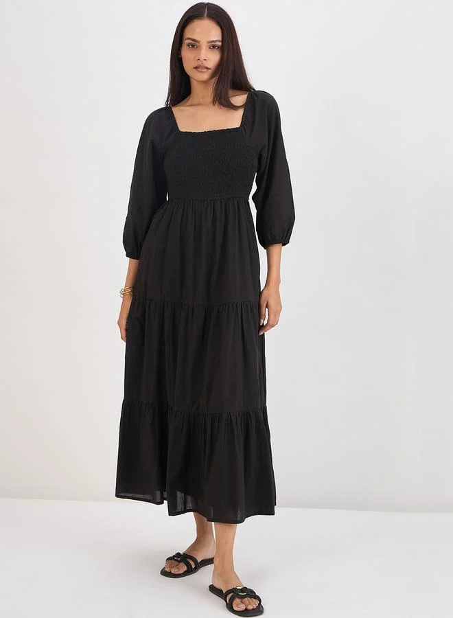 Femmella Women Black Cotton Smocked Tiered Maxi Dress