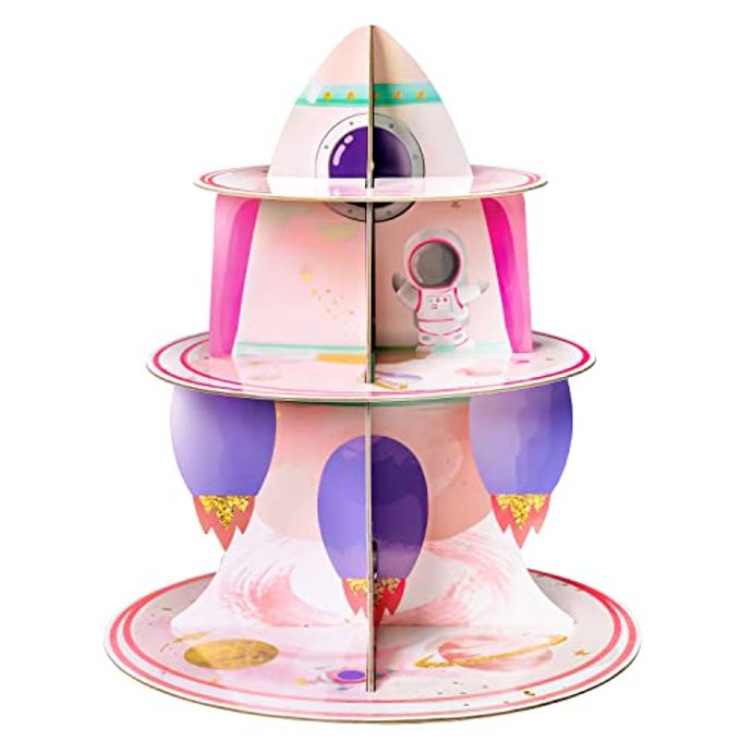 ANGOLIO 3 Tier Watercolour Outer Space Cupcake Stand Outer Space Party Supplies Cake Stand for Kids Birthday Party Decorations Solar System Theme Dessert Tower Display Baby Shower Birthday Supplies
