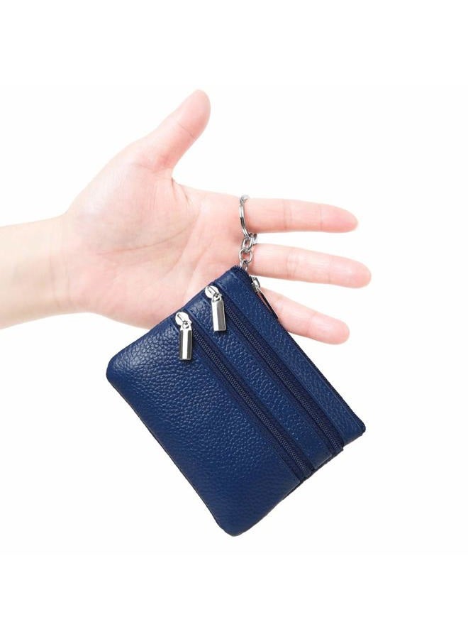 Cynure Women's Genuine Leather Coin Purse Mini Pouch Change Wallet with Keychain, Blue - Image 2