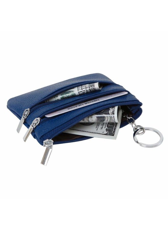 Cynure Women's Genuine Leather Coin Purse Mini Pouch Change Wallet with Keychain, Blue - Image 4