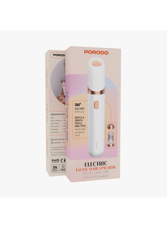 porodo Lifestyle 2 In 1 Electric Facial Hair Epilator For Ladies / Gentle Face Hair Removal / Type-C Charging Interface / Protective Cover / Built-In LED Light / 60 minutes Working Time - White - Image 3