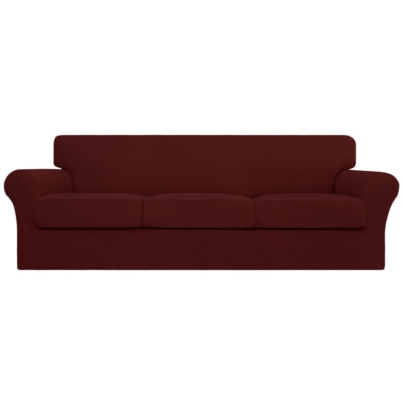 EasyGoing 4 Pieces Stretch Couch Cover Oversized Sofa Cover for Dogs Washable Sofa Slipcover for 3 Separate Cushion Couch Spandex Elastic Furniture Protector for Pets Kids Wine Oversized Sofa