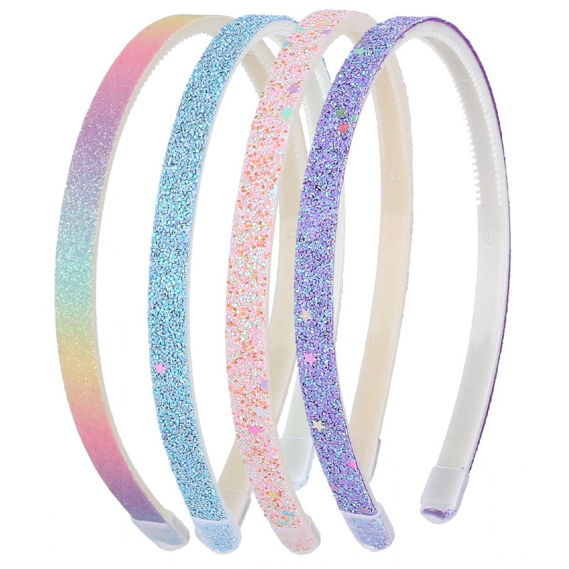 WLLHYF Glitter Headband, 4pcs Plastic Sparkly Cute Non Slip Chunky Hairbands, Thick Bling Confetti Rainbow Hair Bands with Teeth, Little Girls Colorful Hair Accessories - Image 1