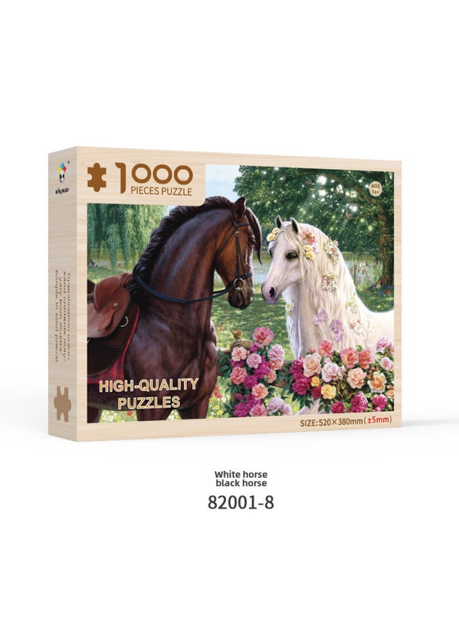 Middle-aged And Elderly Adult Black And White Difficult Decompression Wooden Puzzle 1000 Advanced Toys-Color:White Horse And Black Horse 1000 Pieces (52*38cm) - Image 1