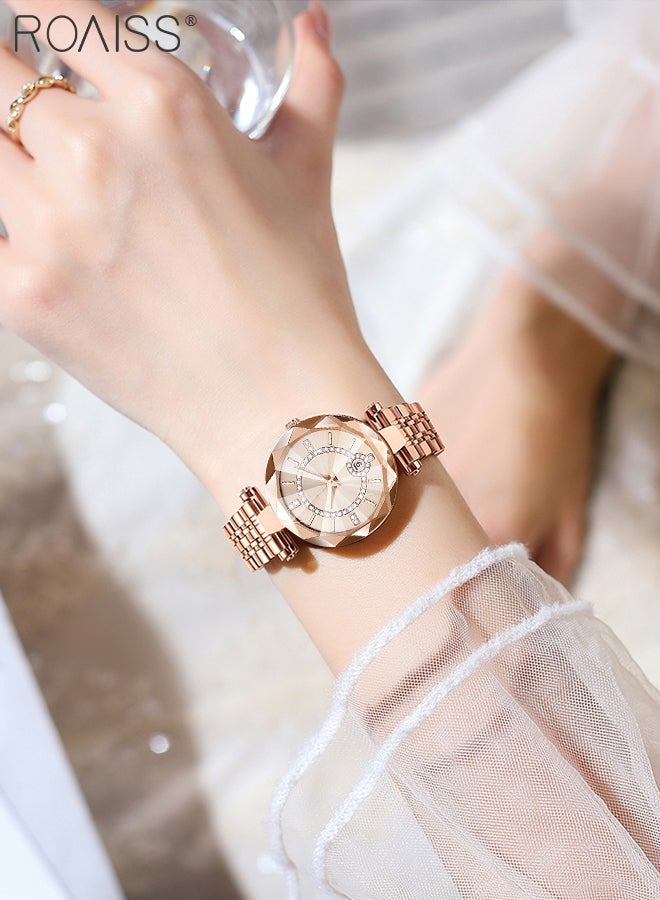 رويس ساعة كوارتز بحزام فولاذي للنساء، ساعة بقرص دائري مع زخرفة ألماس الزركونيوم وتصميم قطع معين، ساعة يد فاخرة مقاومة للماء كهدية للسيدات - Image 2