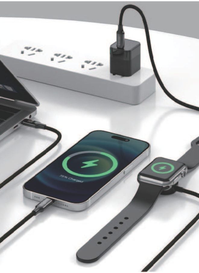 IQ TOUCH - IQ TOUCH 3-in-1 Fast Charging Cable – 60W USB-C to USB-C, 30W USB-C to Lightning, 5W USB-C to Apple Watch Wireless Charger, 1.2 Meter, 480Mbps Data Transfer, POWERLINK-TRIO - Image 1