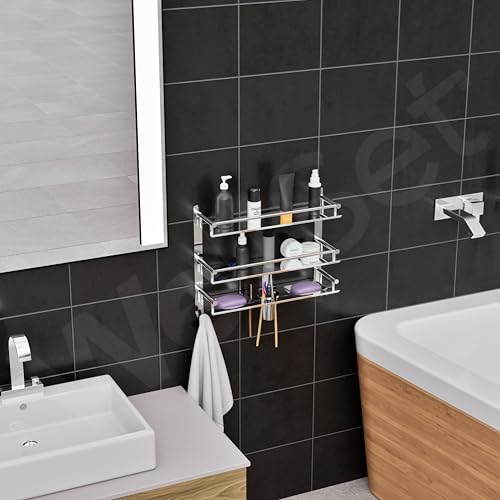 Well Set Stainless Steel 3-Tier Bathroom Wall Shelf | Multipurpose Rack with Double Soap Dish, Toothbrush & Tumbler Holder and Towel Rod | Wall Mounted Storage Organizer (Silver) - Image 2