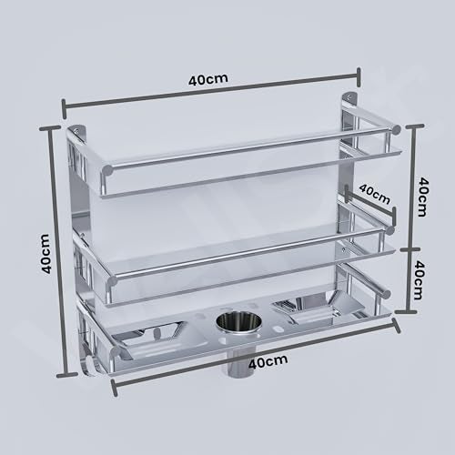 Well Set Stainless Steel 3-Tier Bathroom Wall Shelf | Multipurpose Rack with Double Soap Dish, Toothbrush & Tumbler Holder and Towel Rod | Wall Mounted Storage Organizer (Silver) - Image 5