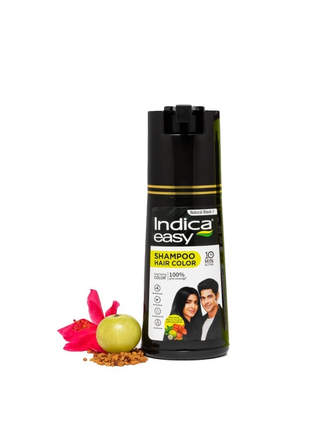 Indica Easy Do-It-Yourself Hair Color Shampoo Pump Pack with 5 Herbal Extracts and 100% Ammonia Free, Long Lasting Formula, 180 ML - Natural Black Colour (Gloves Included) - Image 1