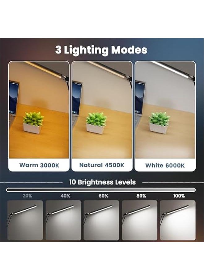 Generic LED Desk Lamp, Metal Swing Arm Clamp Lamp, Adjustable Reading Lamp Eye-Care Desk Light, 3 Color Modes LED Lamp 10 Brightness Dimming Levels Bright Desk Lamp Desk Lamps for Home Office (Black A)  - Image 2