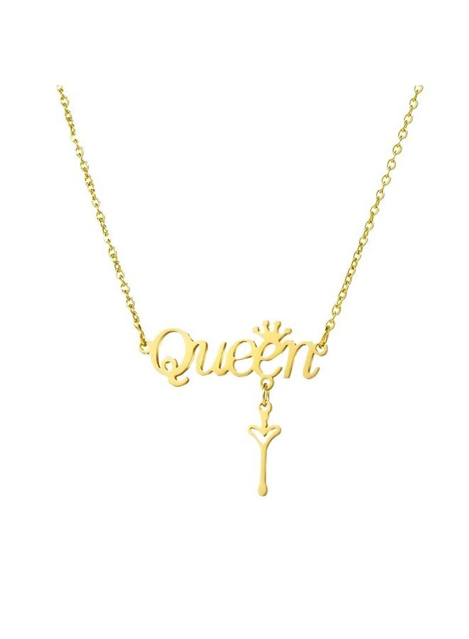 Gold Stainless Steel Necklace Elegant Letters Queen Crown Chain Necklace Elegant Luxury Jewelry Gift for Women  - Image 1