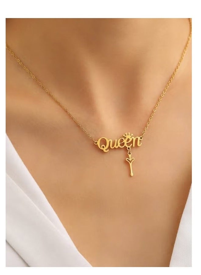 Gold Stainless Steel Necklace Elegant Letters Queen Crown Chain Necklace Elegant Luxury Jewelry Gift for Women  - Image 2