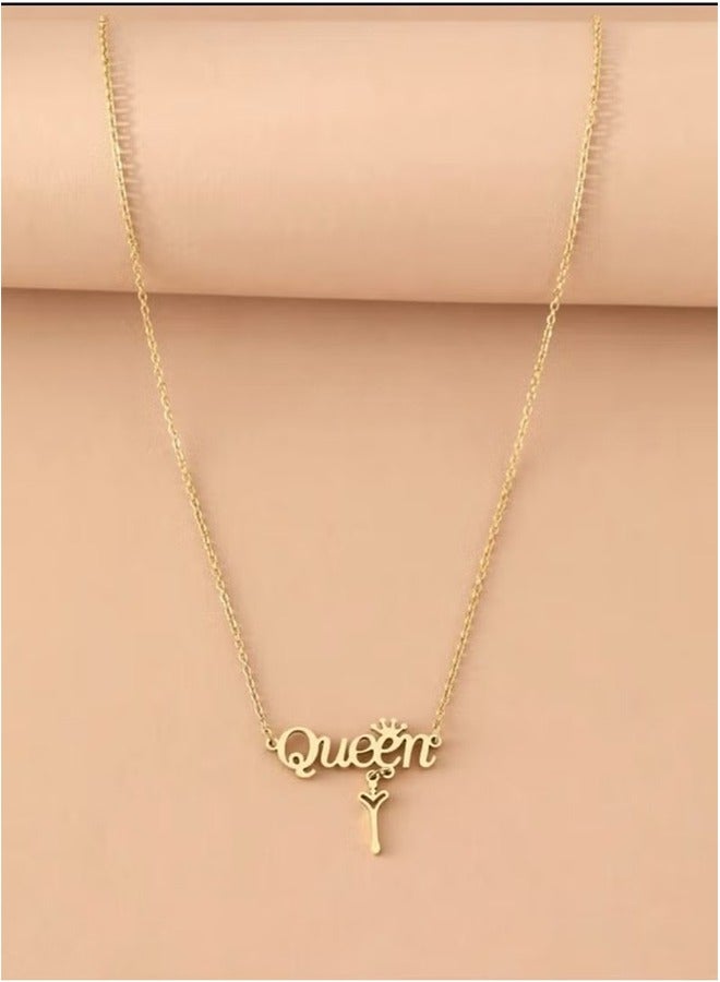 Gold Stainless Steel Necklace Elegant Letters Queen Crown Chain Necklace Elegant Luxury Jewelry Gift for Women  - Image 3