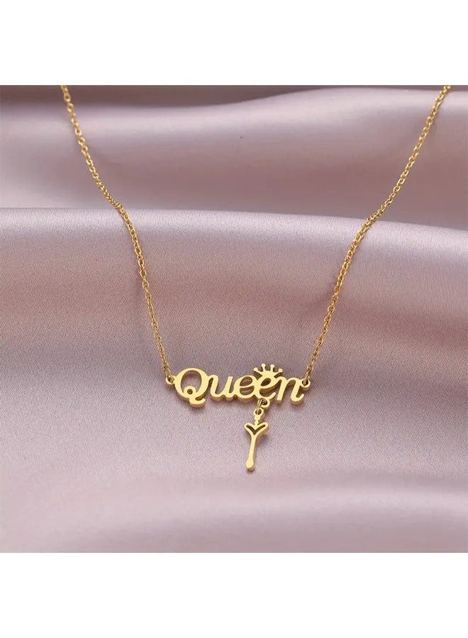 Gold Stainless Steel Necklace Elegant Letters Queen Crown Chain Necklace Elegant Luxury Jewelry Gift for Women  - Image 4