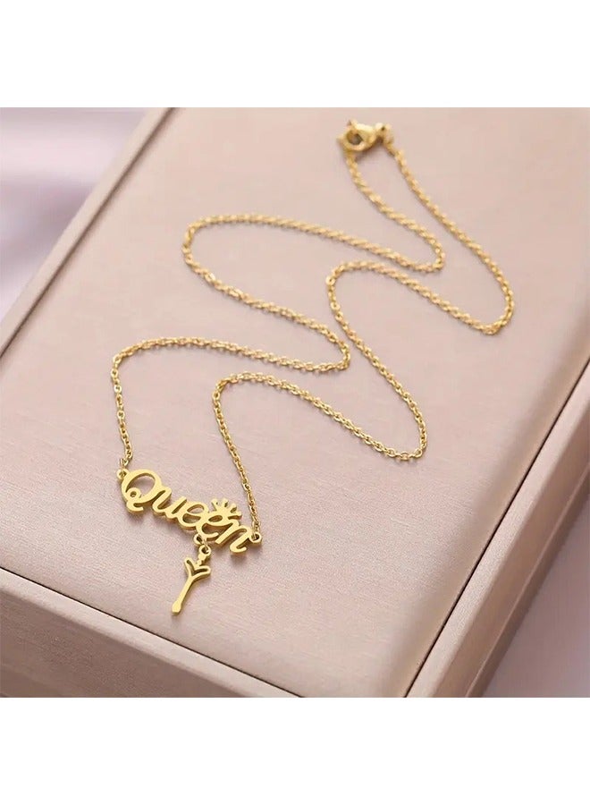 Gold Stainless Steel Necklace Elegant Letters Queen Crown Chain Necklace Elegant Luxury Jewelry Gift for Women  - Image 5