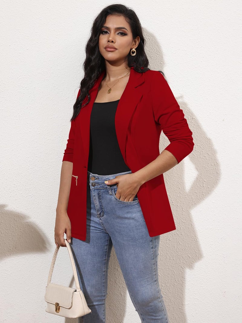 Genhoo Women's Zipper Pockets Oversized Blazers Work Solid Color Knit Blazer Jacket Outfits Red XX-Large - Image 2