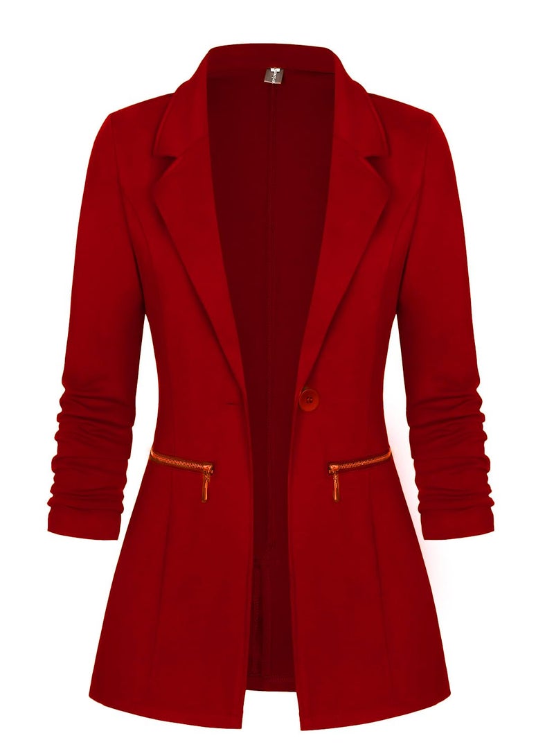 Genhoo Women's Zipper Pockets Oversized Blazers Work Solid Color Knit Blazer Jacket Outfits Red XX-Large - Image 1
