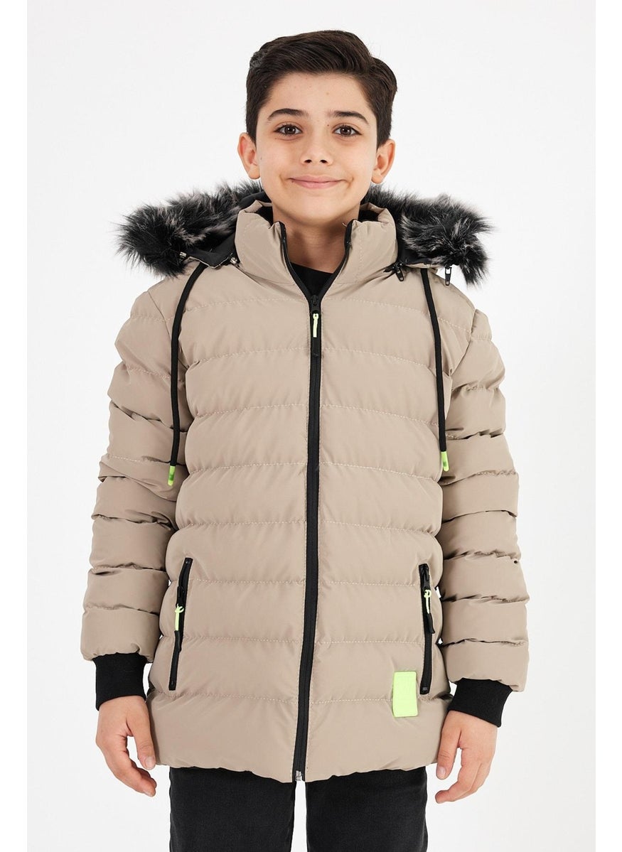 Sivaist - Brown Boy's Detachable Hooded Puffer Leather Blend Fabric Coat & Jacket - Image 1