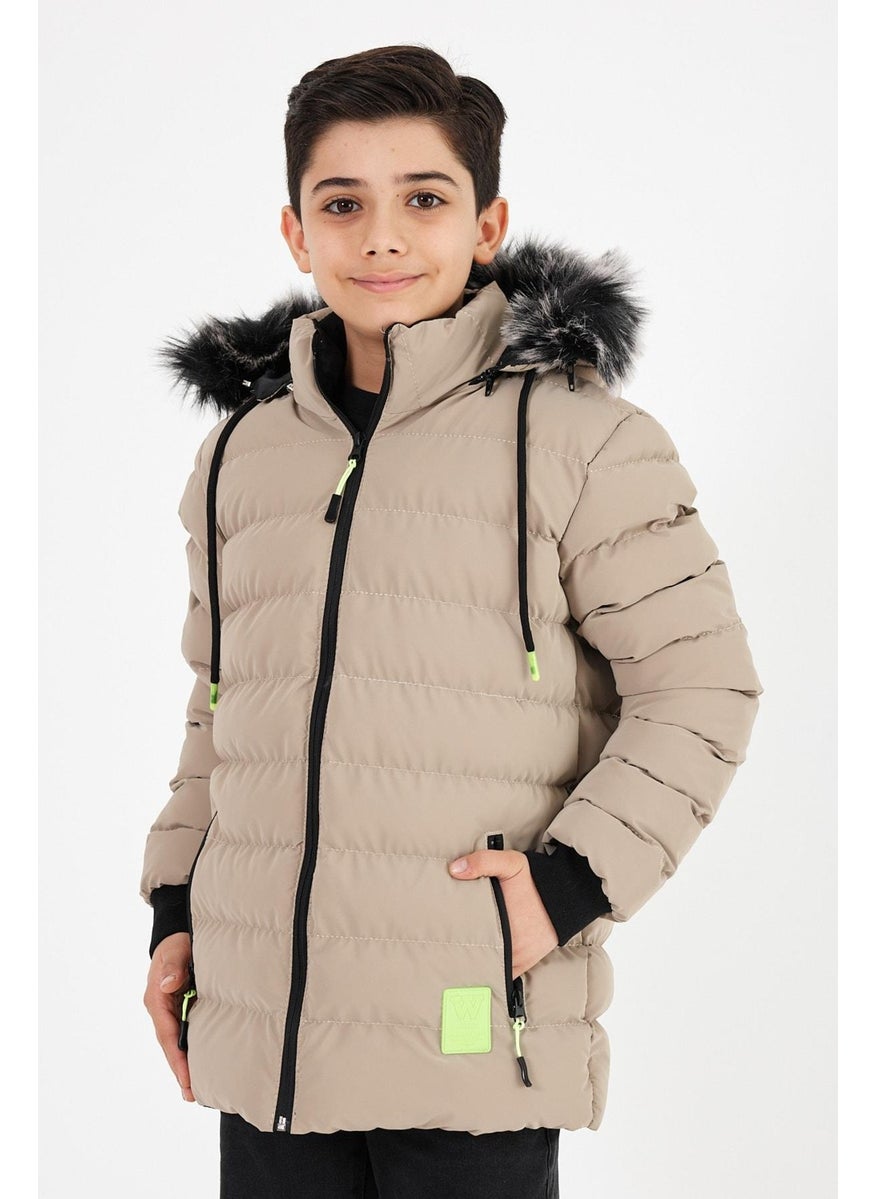 Sivaist - Brown Boy's Detachable Hooded Puffer Leather Blend Fabric Coat & Jacket - Image 1