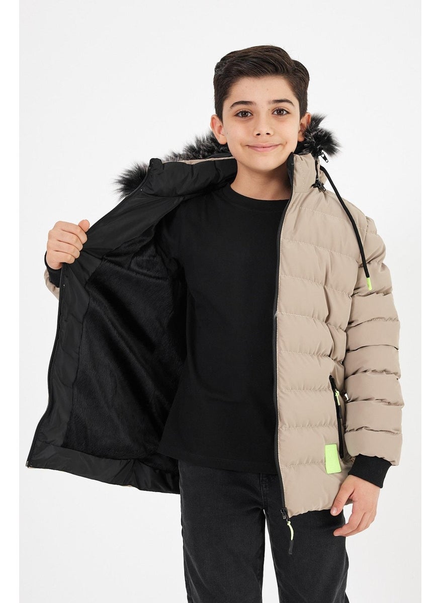 Sivaist - Brown Boy's Detachable Hooded Puffer Leather Blend Fabric Coat & Jacket - Image 1