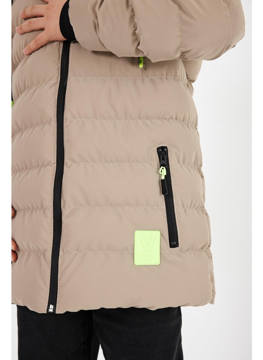 Sivaist - Brown Boy's Detachable Hooded Puffer Leather Blend Fabric Coat & Jacket - Image 1
