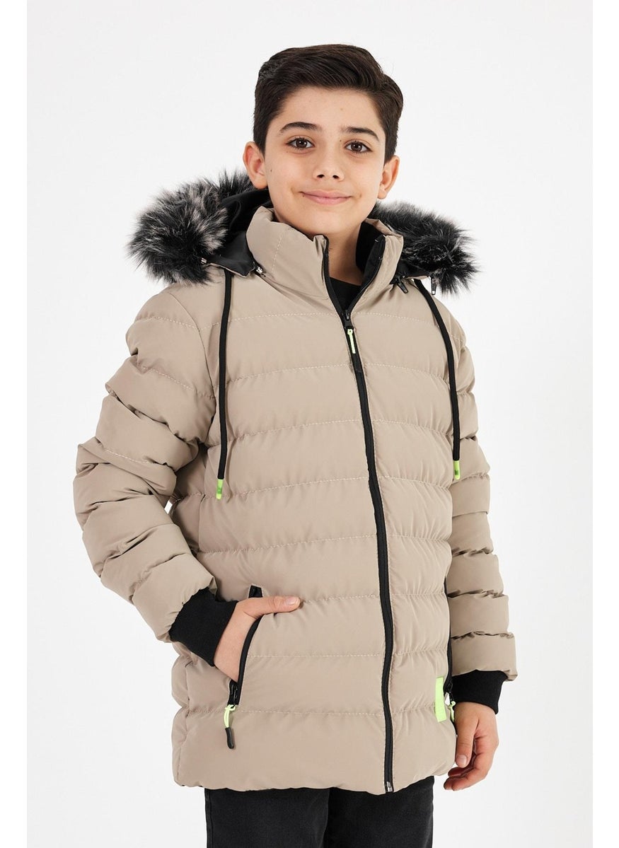 Sivaist - Brown Boy's Detachable Hooded Puffer Leather Blend Fabric Coat & Jacket - Image 1
