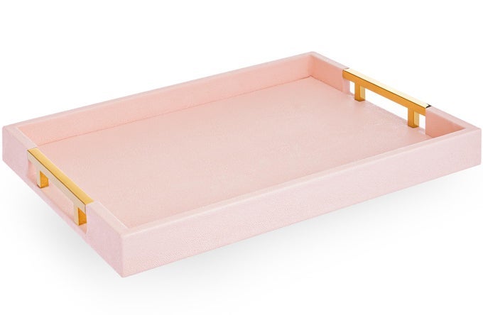 MODERN ELEGANT 18X12 RECTANGLE BABY PINK TRAY GLOSSY SHAGREEN FAUX LEATHER DECORATIVE OTTOMAN COFFEE TABLE PERFUME DRESSER KITCHEN SERVING TRAY WITH GOLD POLISHED METAL HANDLES