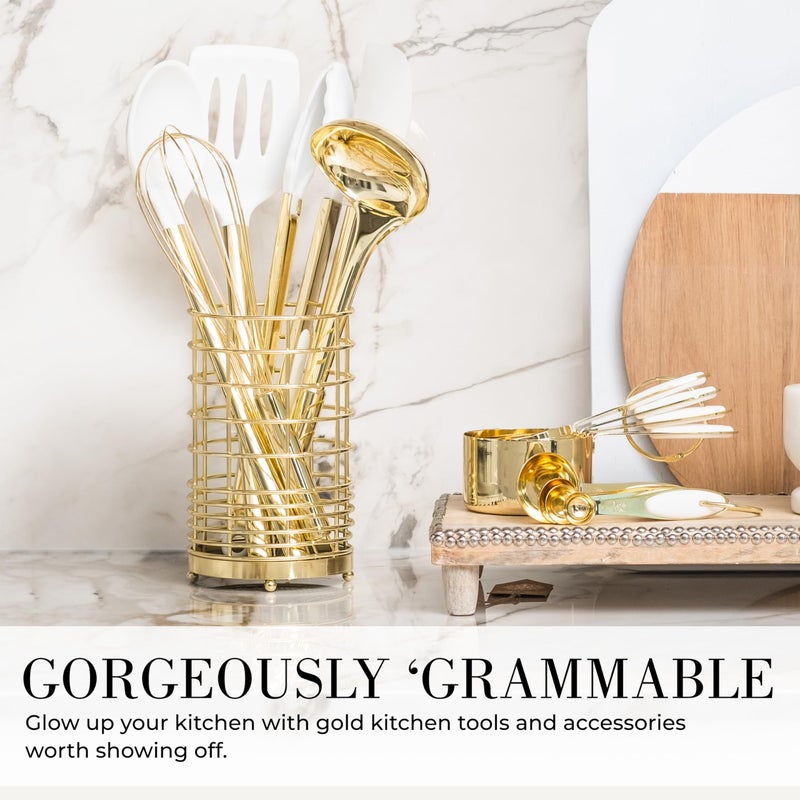 styled settings White Silicone and Gold Cooking Utensils Set with Gold Utensil Holder - 7-Piece Silicone Cooking Tools - Ideal for Nonstick Cookware and Stylish Modern Kitchens - Luxury Kitchen Accessories - Image 2