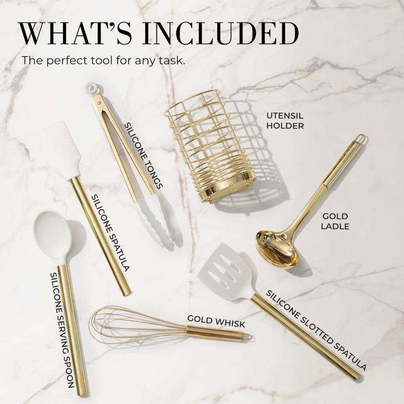 styled settings White Silicone and Gold Cooking Utensils Set with Gold Utensil Holder - 7-Piece Silicone Cooking Tools - Ideal for Nonstick Cookware and Stylish Modern Kitchens - Luxury Kitchen Accessories - Image 3