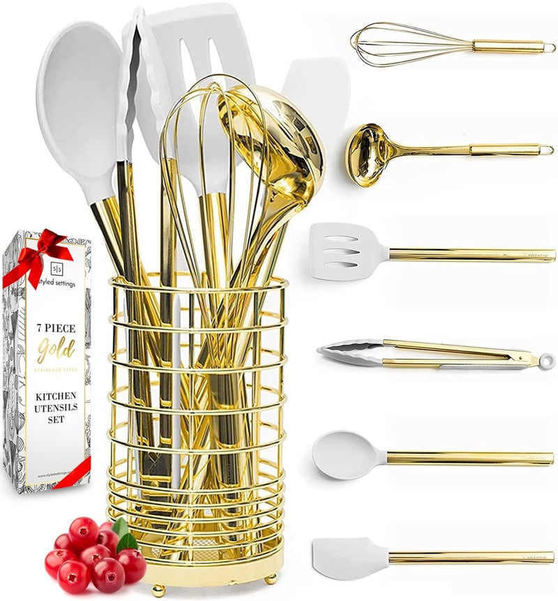 styled settings White Silicone and Gold Cooking Utensils Set with Gold Utensil Holder - 7-Piece Silicone Cooking Tools - Ideal for Nonstick Cookware and Stylish Modern Kitchens - Luxury Kitchen Accessories - Image 1