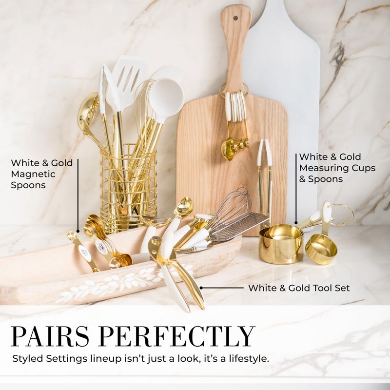 styled settings White Silicone and Gold Cooking Utensils Set with Gold Utensil Holder - 7-Piece Silicone Cooking Tools - Ideal for Nonstick Cookware and Stylish Modern Kitchens - Luxury Kitchen Accessories - Image 5
