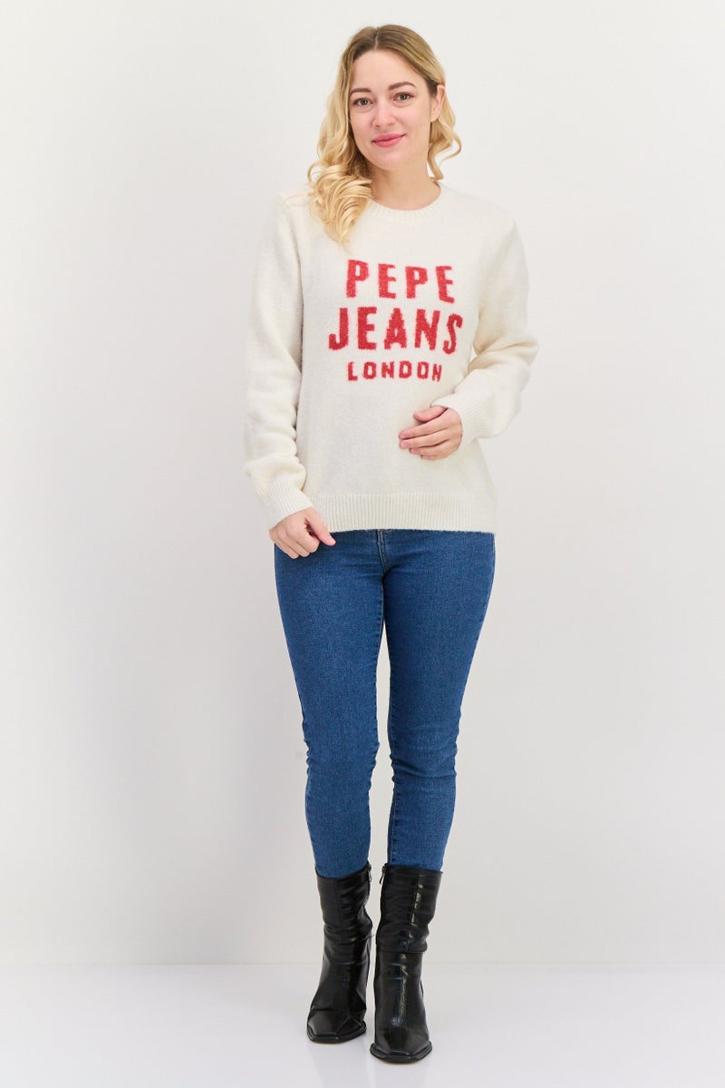 Pepe Jeans Women Crew Neck Long Sleeves Brand Logo Sweater, Cream - Image 4