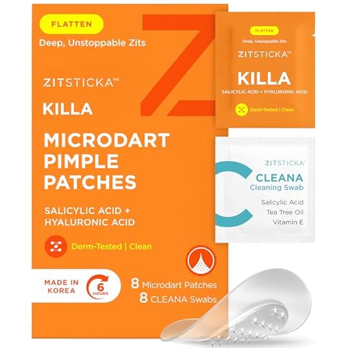 ZitSticka Killa Pimple Patches for Face - World's Most Potent Pimple Patch with Fast-Acting Microdarts - Starts Working within 6 Hours for Deep, Early-Stage Zits - Regular 8 Count with Cleana Swab - Image 1