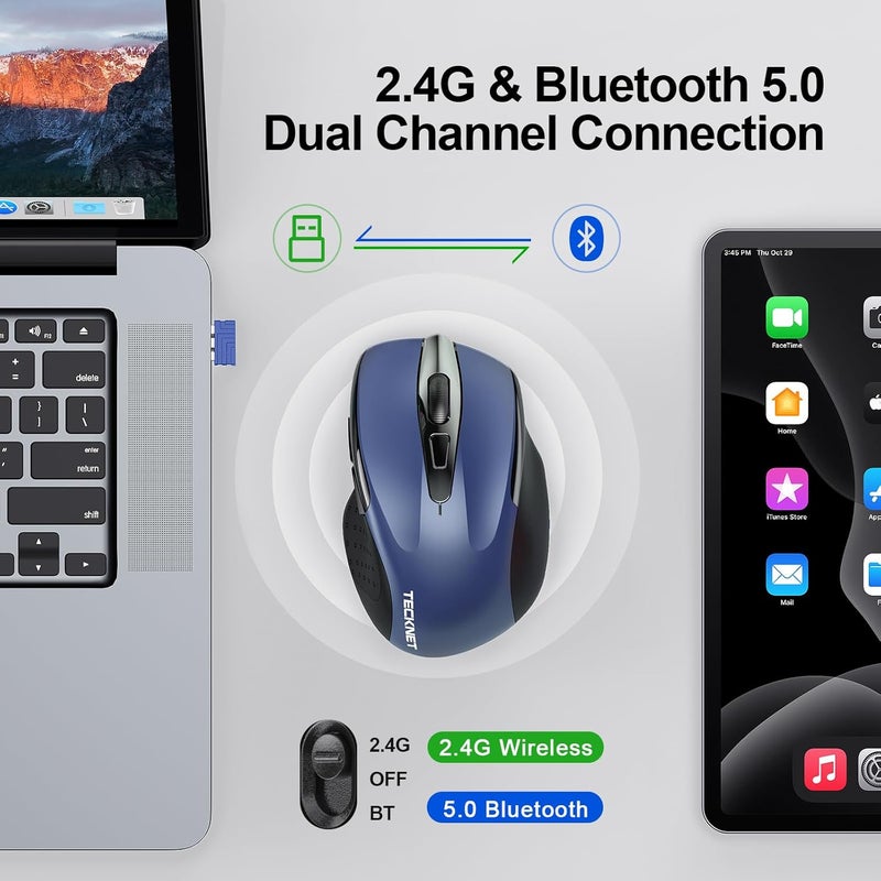 TECKNET Wireless Mouse (BT5.0/3.0 & 2.4G) Rechargeable 4800 DPI Silent USB A & Bluetooth Mouse 6 Buttons, Wide Compatibility - Blue - Image 5