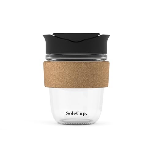 SoleCup. - Reusable Strengthened Glass Travel Cup - Spill Proof Coffee Mug - 12oz/340ml BPA-Free Hot Drink Travel Mug with Lid & Cork Band (Black, 12oz) - Image 1