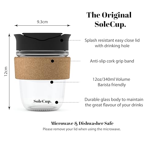SoleCup. - Reusable Strengthened Glass Travel Cup - Spill Proof Coffee Mug - 12oz/340ml BPA-Free Hot Drink Travel Mug with Lid & Cork Band (Black, 12oz) - Image 2