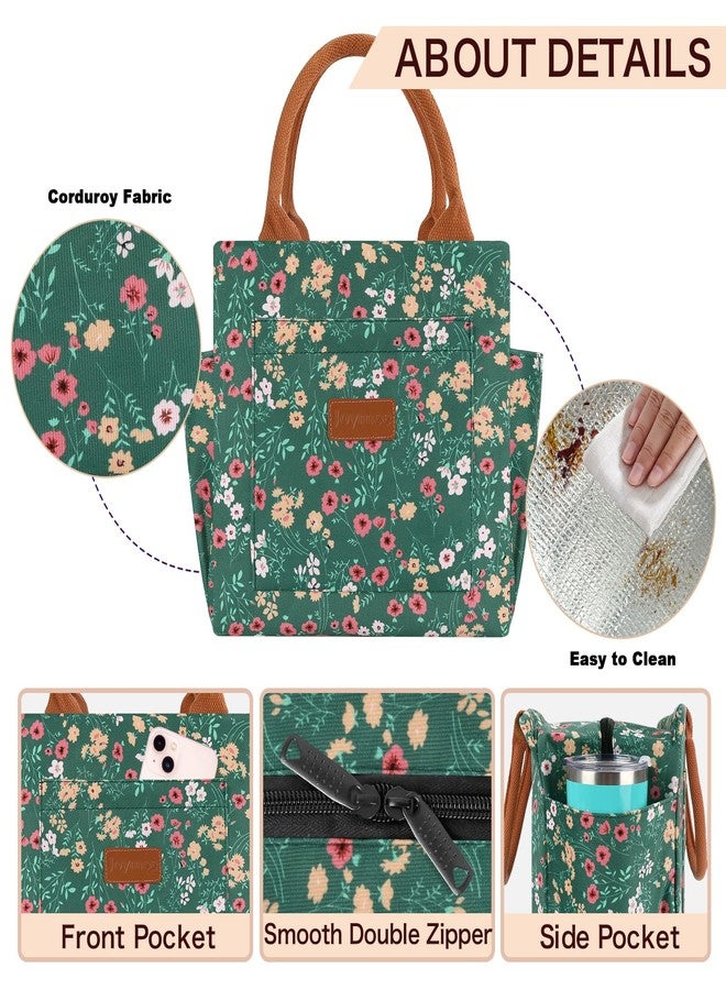 Joymee Lunch Bag Women Insulated Lunch Box Cute Corduroy Reusable Leakproof Large Capacity Lunch Tote Bag for Women Men Adult with Bottle Holder and Side Pockets for Work - Corduroy Multi-Floral - Image 5
