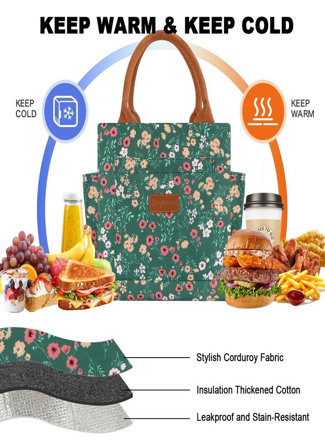 Joymee Lunch Bag Women Insulated Lunch Box Cute Corduroy Reusable Leakproof Large Capacity Lunch Tote Bag for Women Men Adult with Bottle Holder and Side Pockets for Work - Corduroy Multi-Floral - Image 4