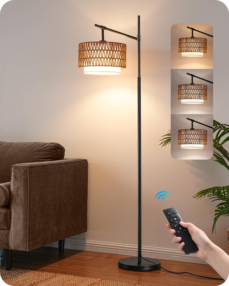 EDISHINE Rattan Floor Lamp with Dimmable Bulb, 5 Color Temperatures, Adjustable Farmhouse Standing Lamp with Remote, Black Floor Lamps for Living Room, Office, Bedroom - Image 1
