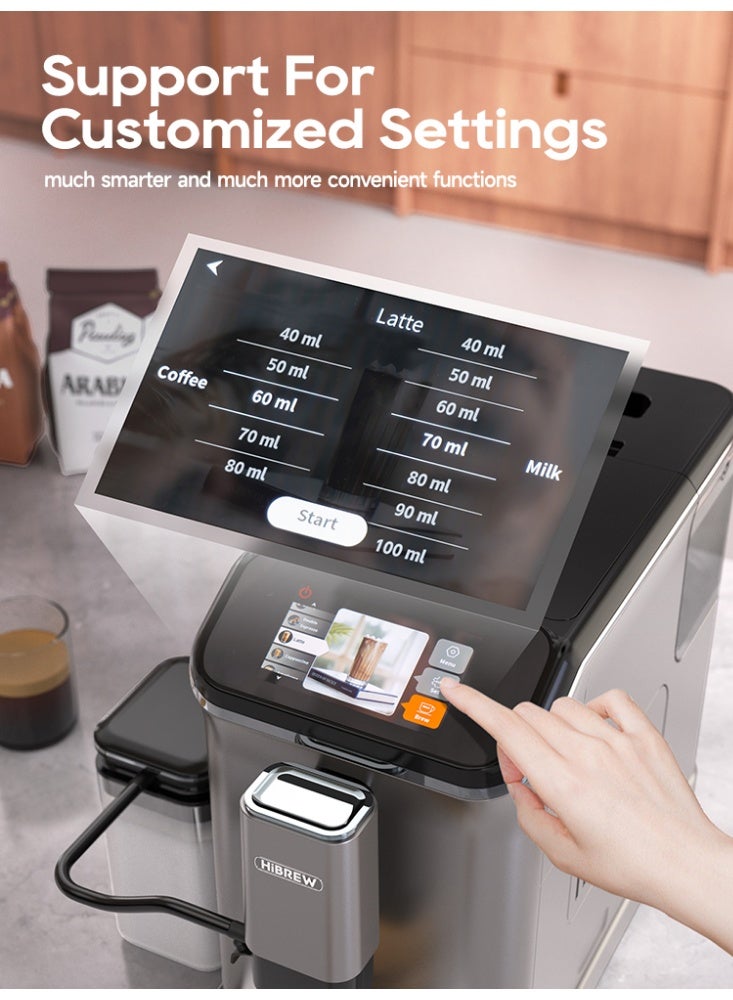 Hibrew Fully Automatic Bean to Cup Coffee Machine – 6 one-touch coffee recipes：Americano, Latte, Cappuccino, Caramel Coconut Latte | 20 Bar | 15 Grind Settings - Image 3