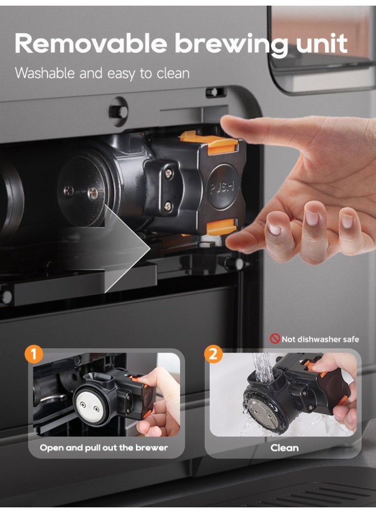 Hibrew Fully Automatic Bean to Cup Coffee Machine – 6 one-touch coffee recipes：Americano, Latte, Cappuccino, Caramel Coconut Latte | 20 Bar | 15 Grind Settings - Image 4