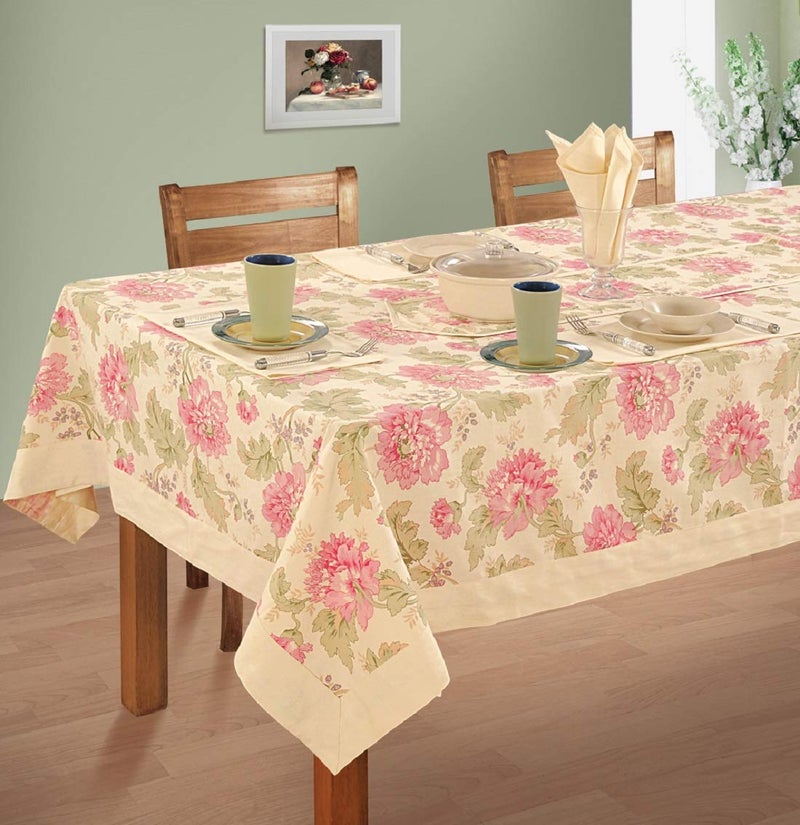 Swayam Swayam Multipurpose Cotton (150 cm x 150 cm) Table Cover/Cloth for 4 Seater Dining Table (Set 1) - 200TC, Color-Fast, Machine Washable, Beige Floral - Image 1