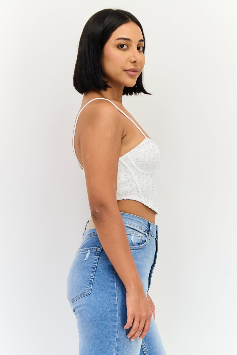 Bershka Women Square Neck Sleeveless Textured Tops, White - Image 2