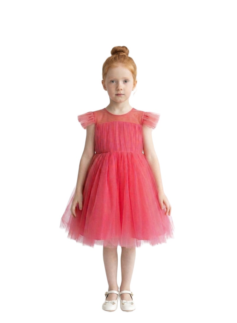 Bidani Coral Pink Flutter Sleeve Layered Tulle Dress - Image 1