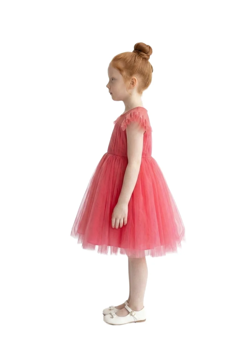 Bidani Coral Pink Flutter Sleeve Layered Tulle Dress