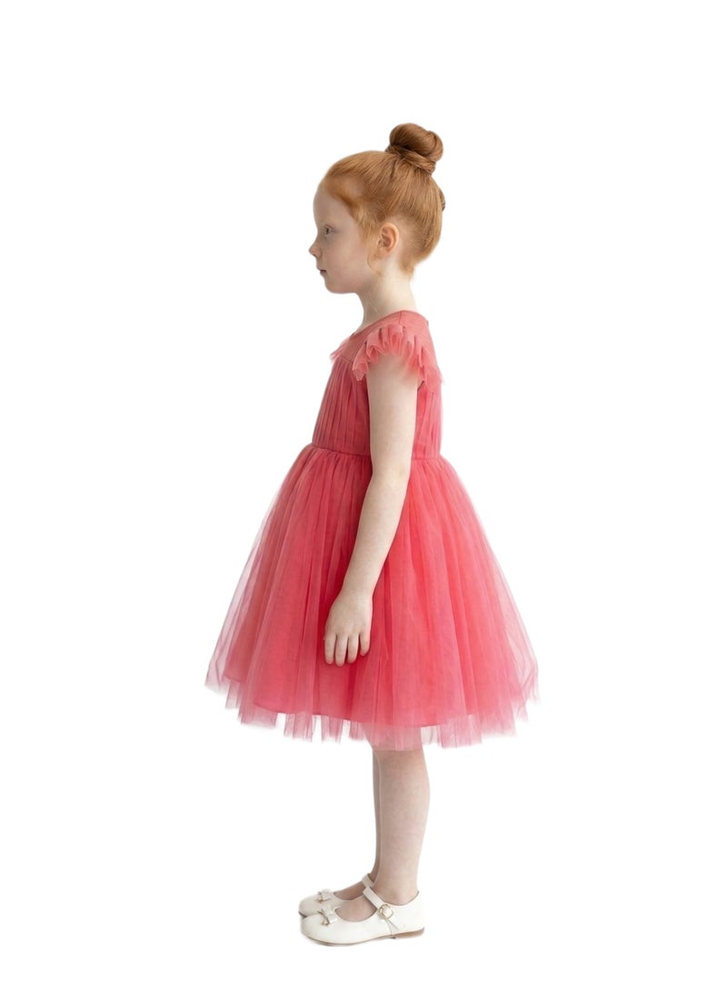 Bidani Coral Pink Flutter Sleeve Layered Tulle Dress - Image 2